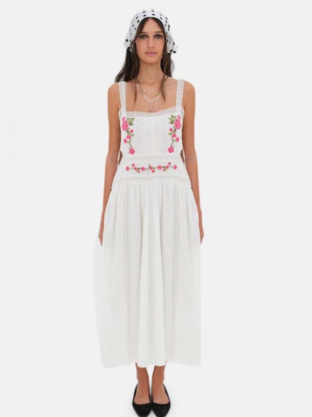 For Love & Lemons Jolene Embroidered Midi Dress / Sundress with Floral Detail